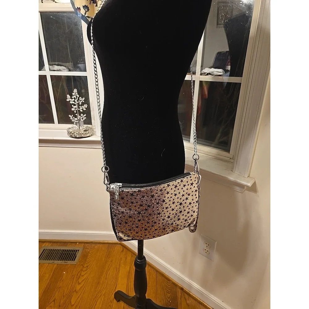 Bari‎ Lynn Gold Black Star Print Chain Strap Wristlet Clutch Handbag